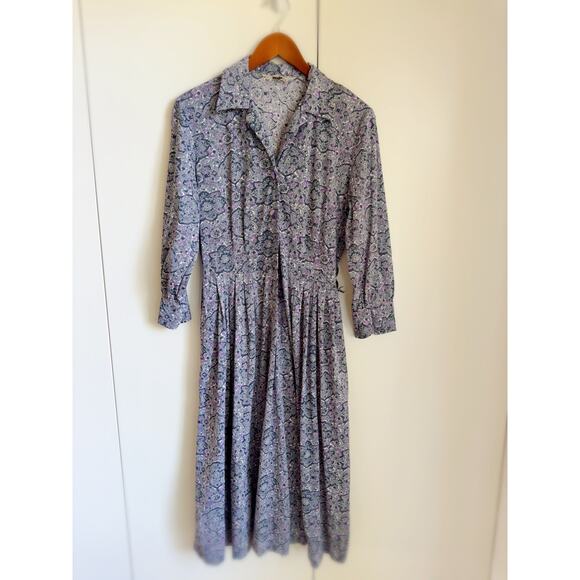 Vintage 70s Womens Dress Graphic Print Size M Gray Purple Day Dress Retro - Picture 10 of 10